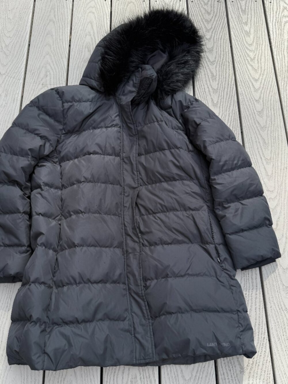 Lands End Womens Down Feather Puffer Coat Black Sz XL Removeable Hood Pockets